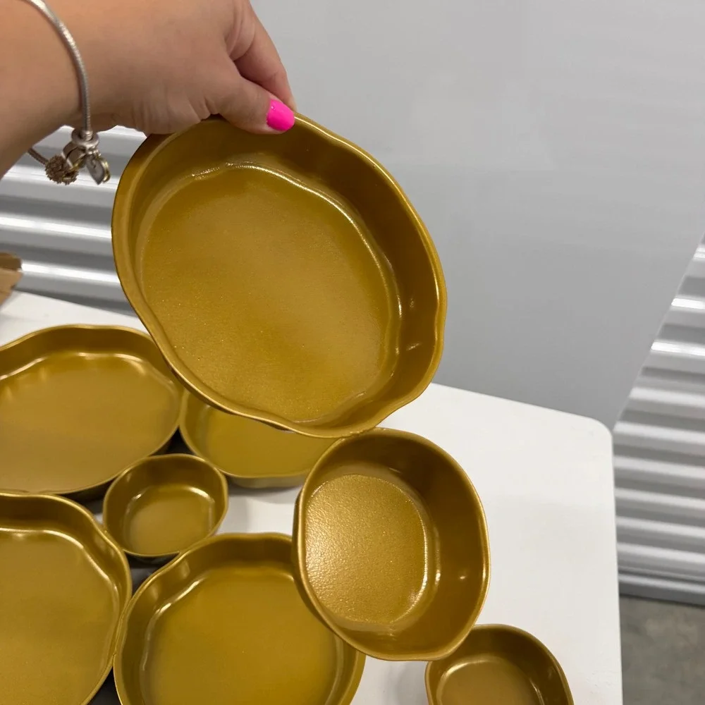 9 Piece Gold Scalloped Serving Bowl Set Metallic Nesting Trays Home Decor